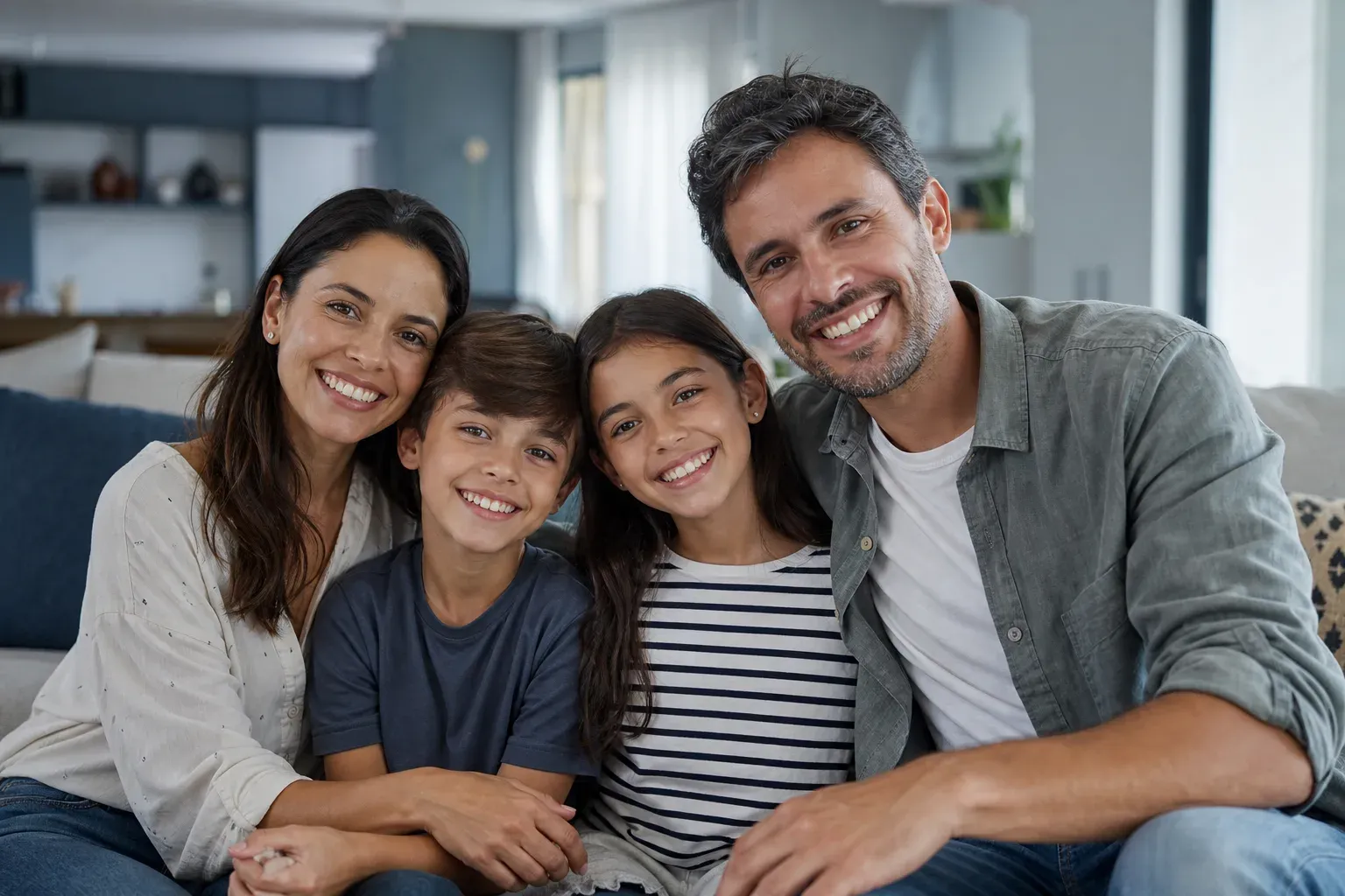 Família reunida e sorrindo na sala de casa